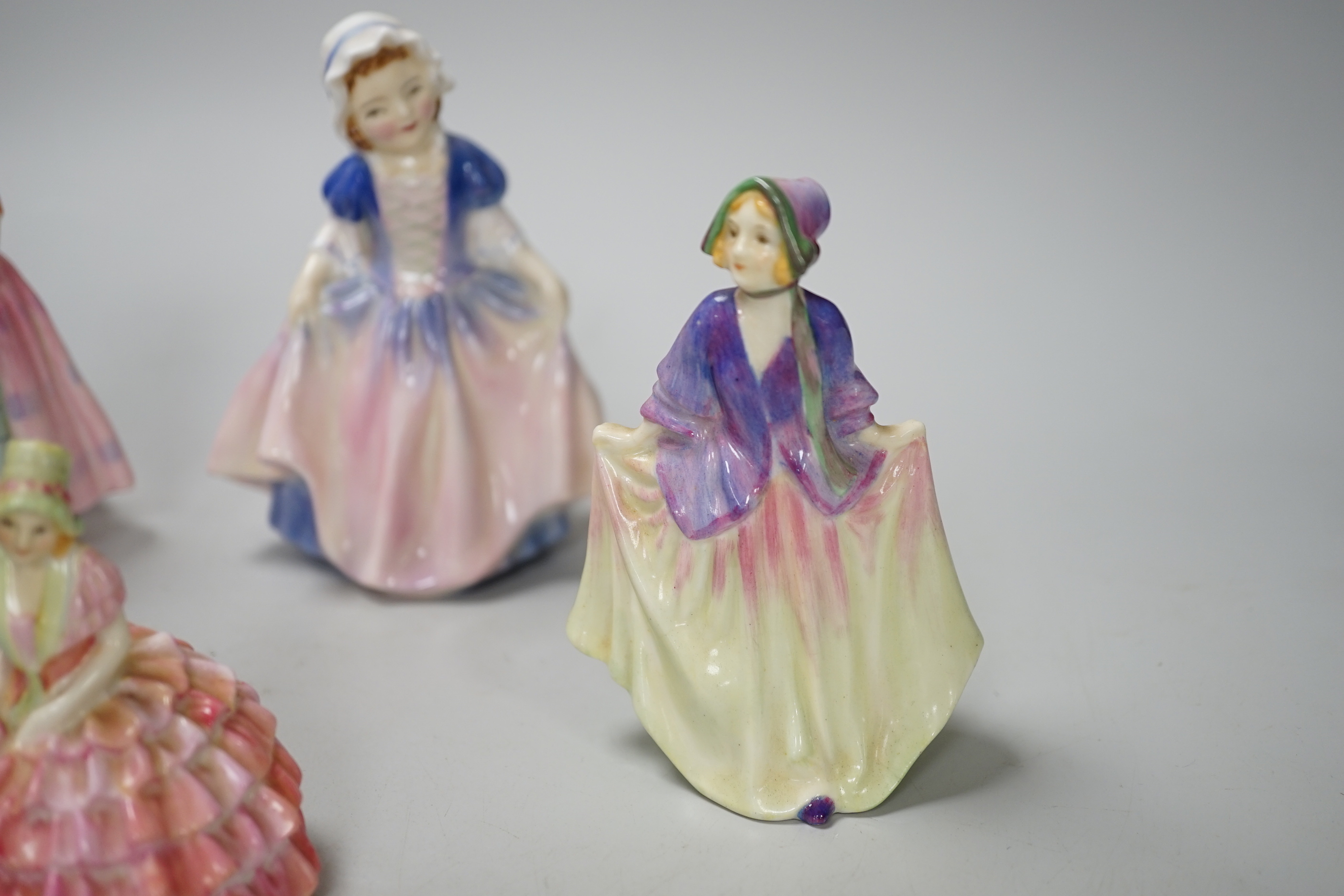 Five royal Doulton figurines, three figures pre HN numbers: Priscilla M5, Chloe M9, Sweet Anne M.5